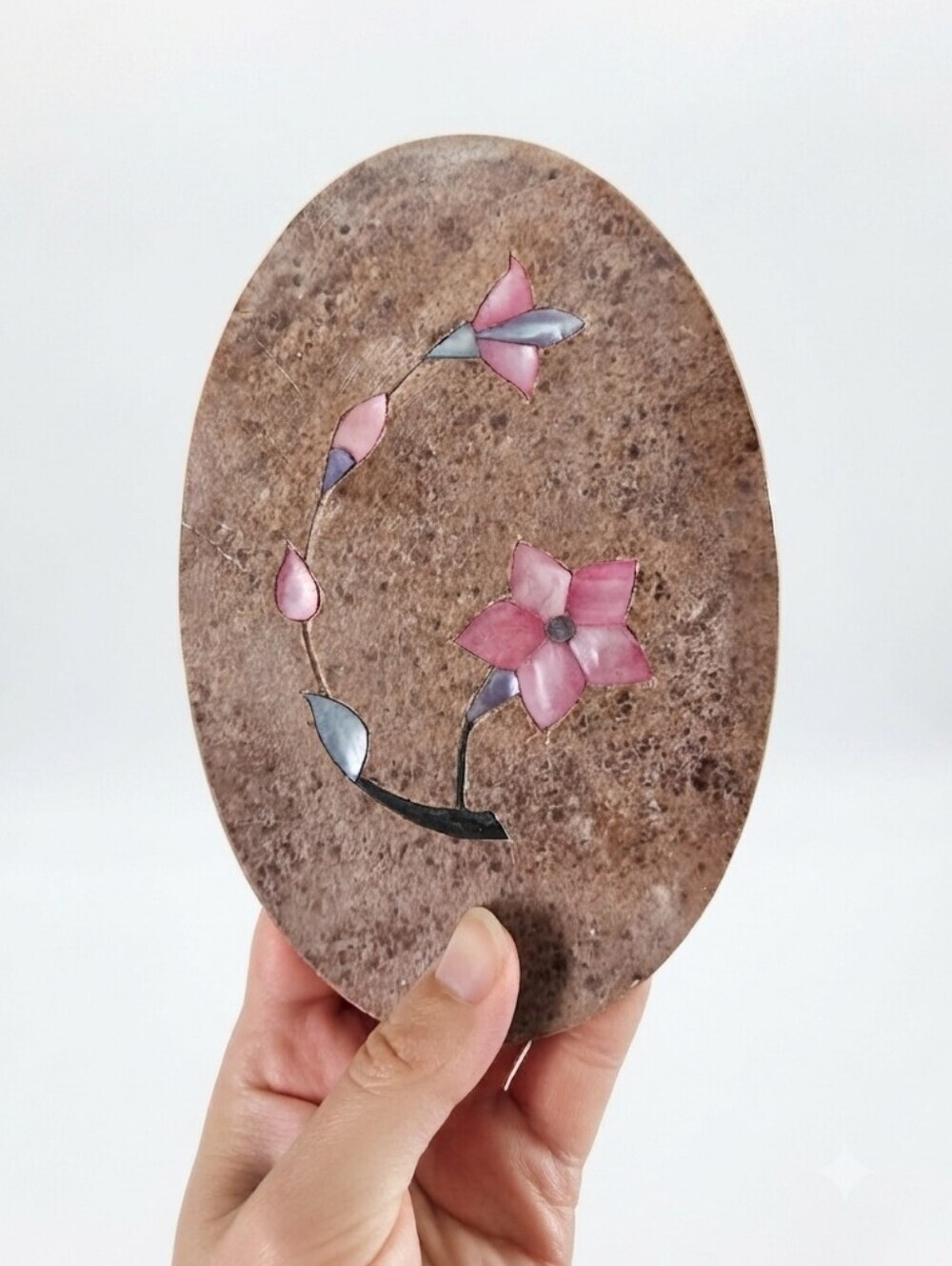 Vintage Stone Inlay Floral Trinket Tray Mother of Pearl Flower Accent Boho Decor